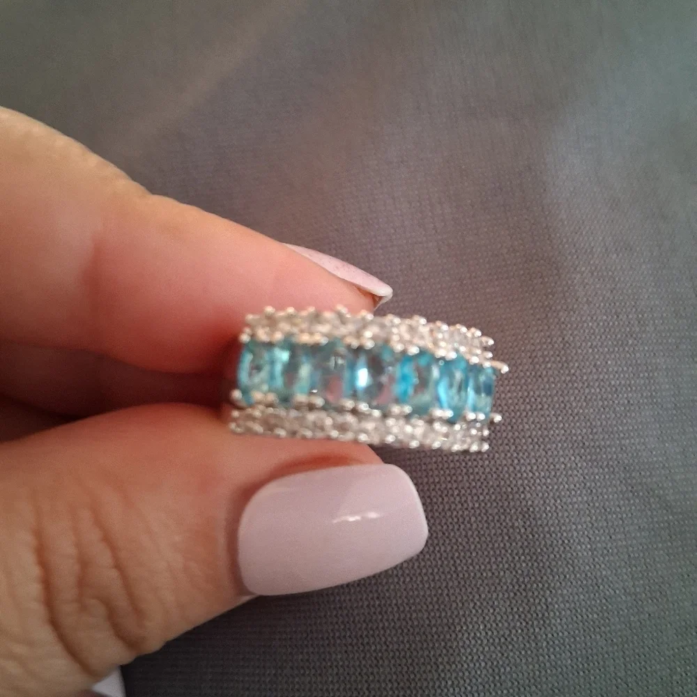 Blue Glam Ring/ Multi- Row Statement Band/ Crystal Fashion Jewelry Size 8